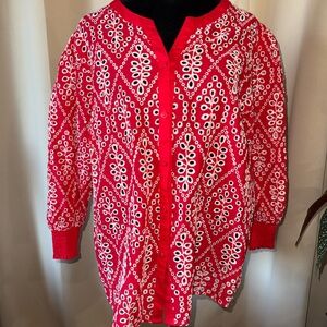 CAbi Red and White “eyelet” Button Up Top